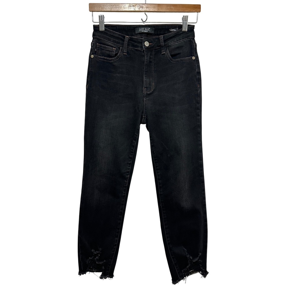 Judy Blue Cropped Straight Leg Jeans Women 26 Black Distressed Frayed Hem Grunge